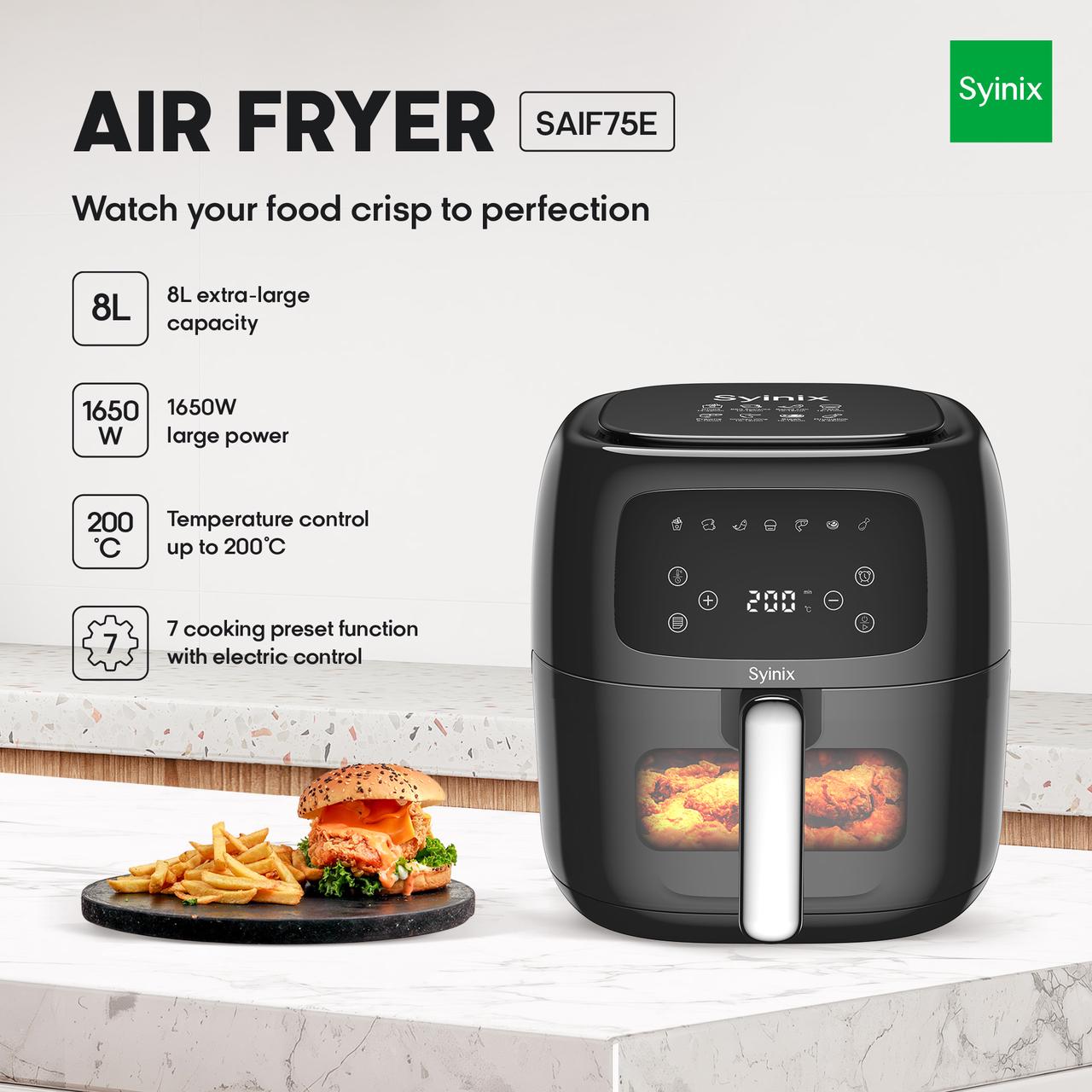 Syinix Air Fryer Large Non-Stick Basket Black 8L SAIF75E