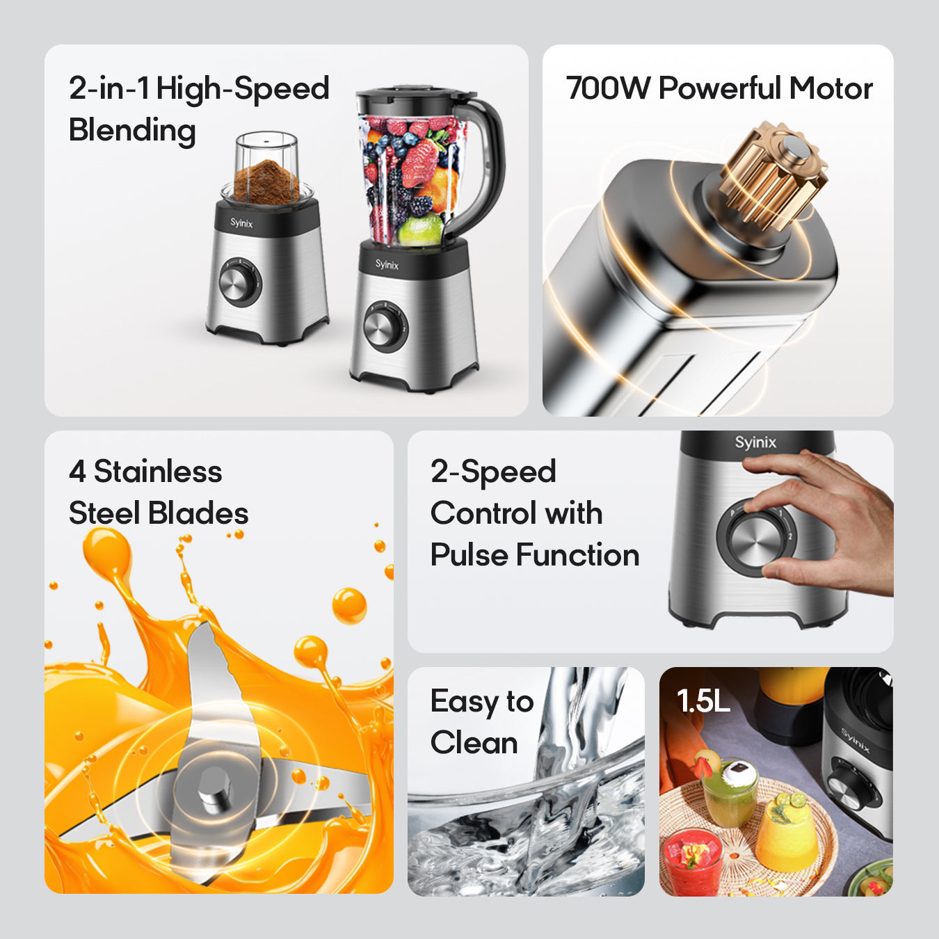 Syinix Power Blender Smoothie Maker 2-In-1 With 1.5L Silver Q70BL1