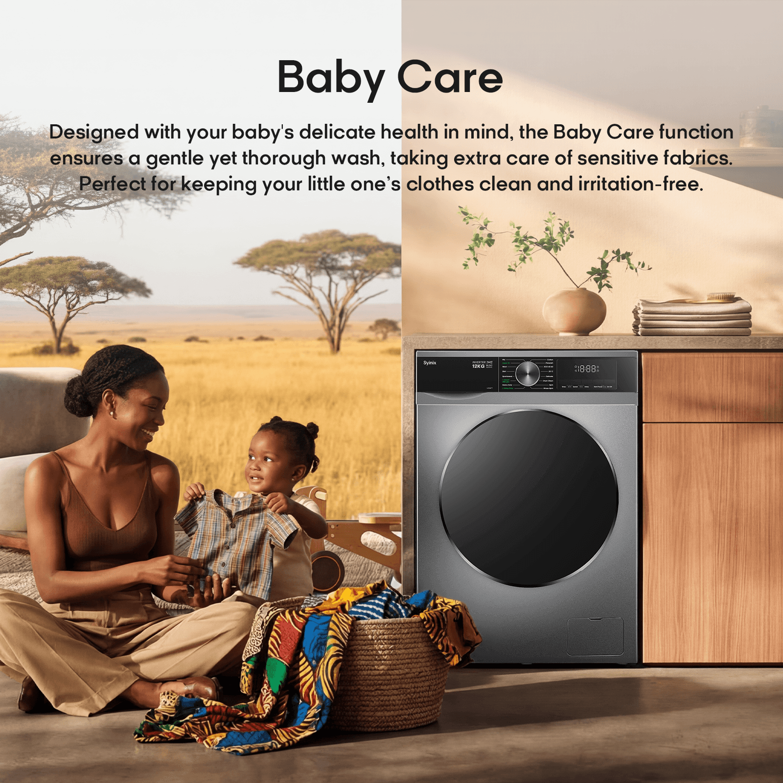 Syinix Washing Machine Front Loading Baby Care Steam Wash Grey 12KG V12WFT