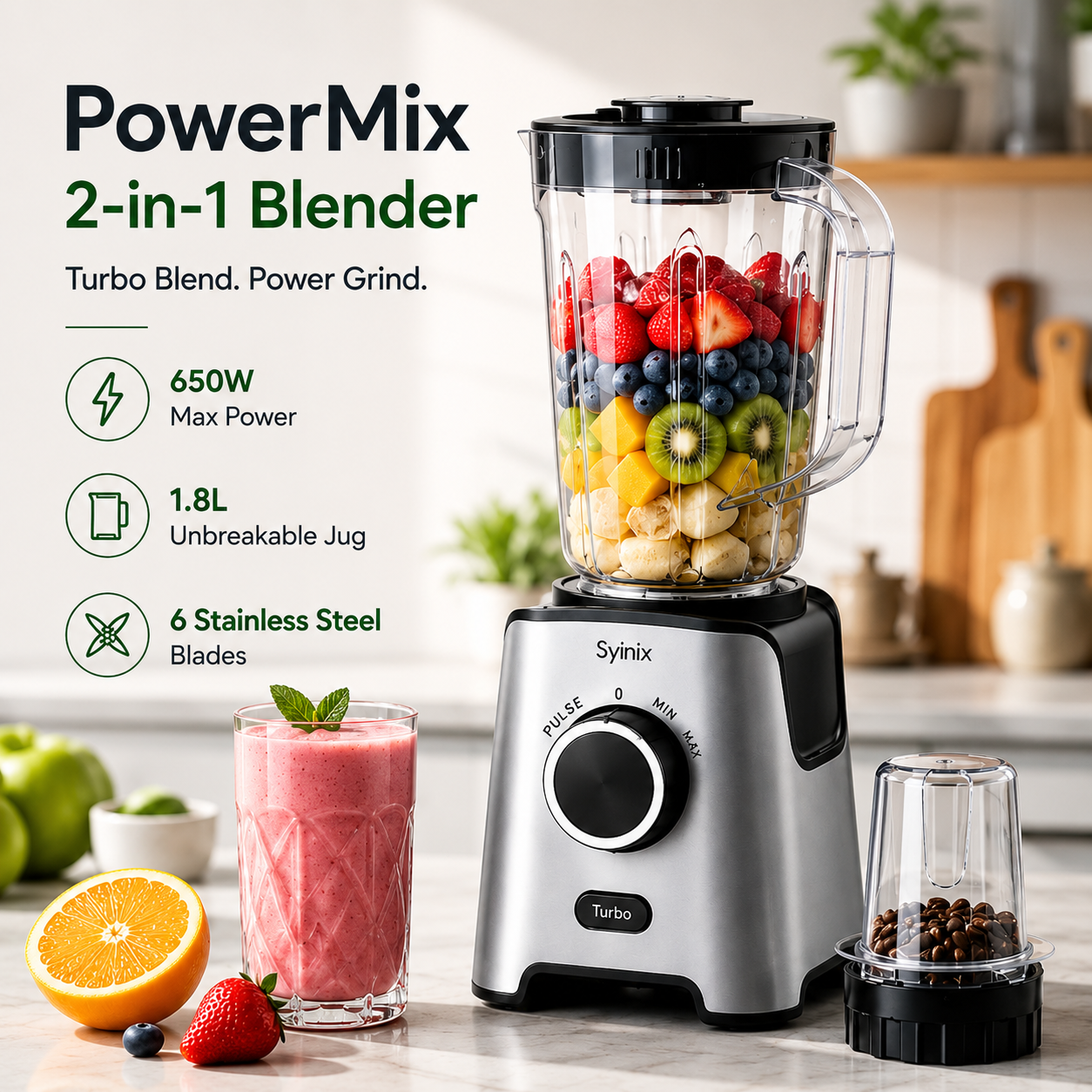 Syinix PowerMix 2-in-1 Blender 650W Turbo Blend Power Grind, 1.8L Jug SBL65E1