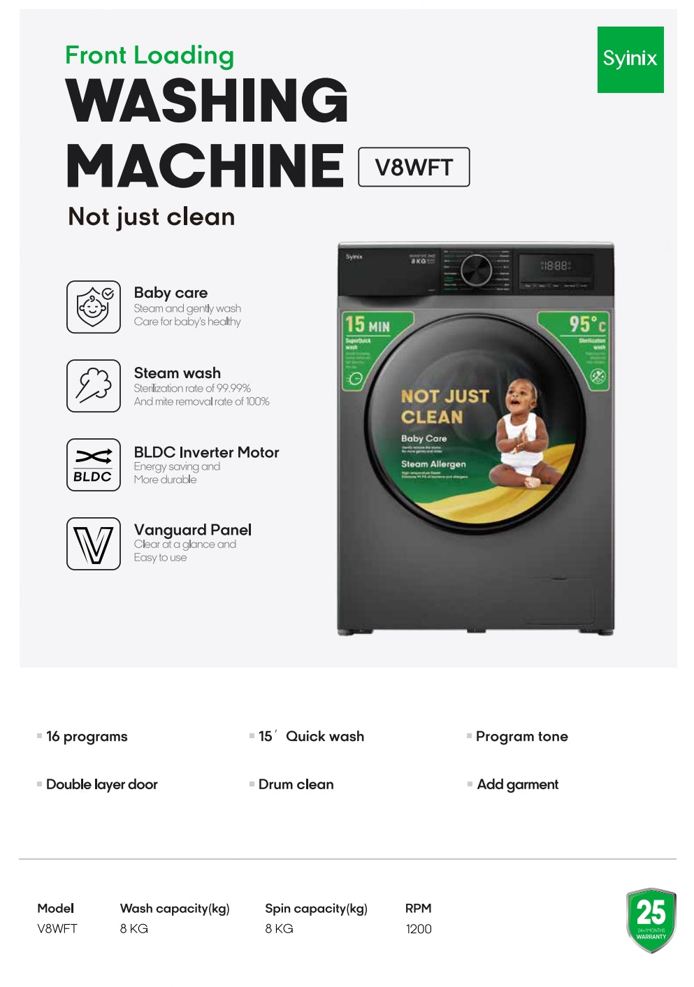 Syinix Washing Machine Front Loading Baby Care Steam Wash Grey 8KG V8WFT