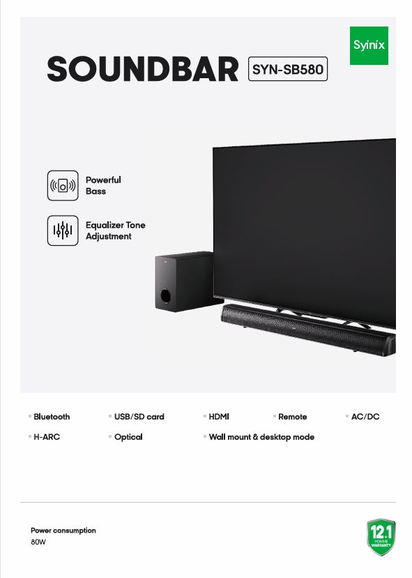Syinix Soundbar Bluetooth 80W Black SYN-SB580