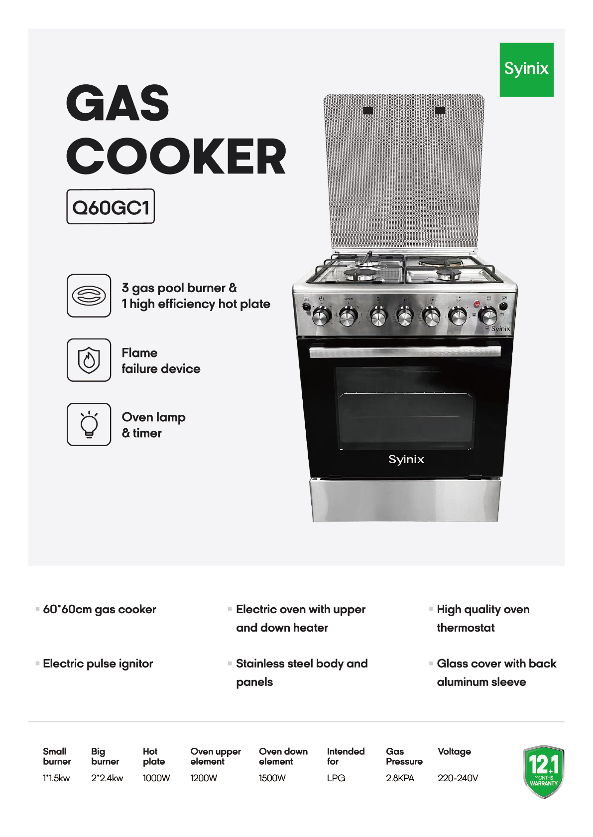 Syinix Standing Cooker Gas Cooker With 3 Gas Burner and 1 Hot Plate Silver 60 cm*60 cm Q60GC1