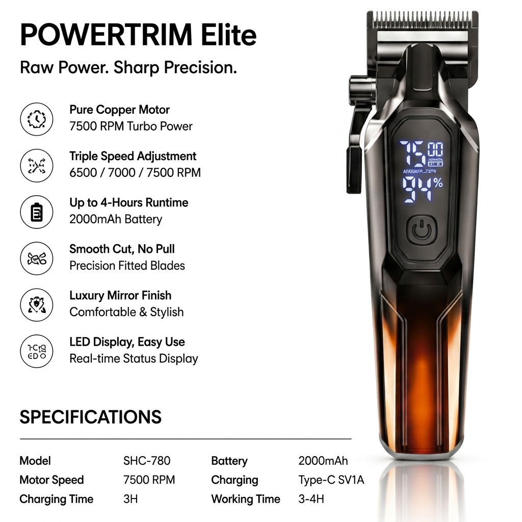 Syinix POWERTRIM Elite Premium Hair Clipper — 7500 RPM Titanium Blade Flagship SHC-780