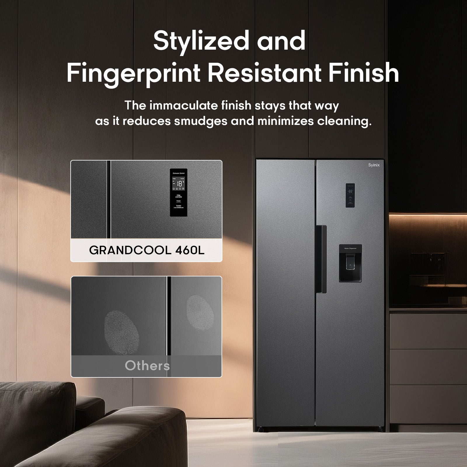 Syinix Fridge Side by Side Water Dispenser No Frost Grey 460L FD460SBWS