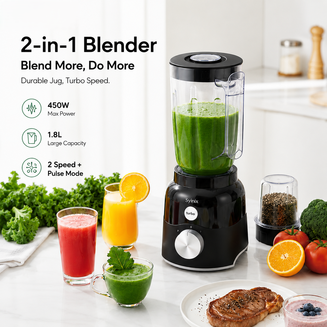 Syinix Primemix 2-in-1 Blender – 450W Turbo Blend Grind, 1.8L Durable Jug SBL35E1