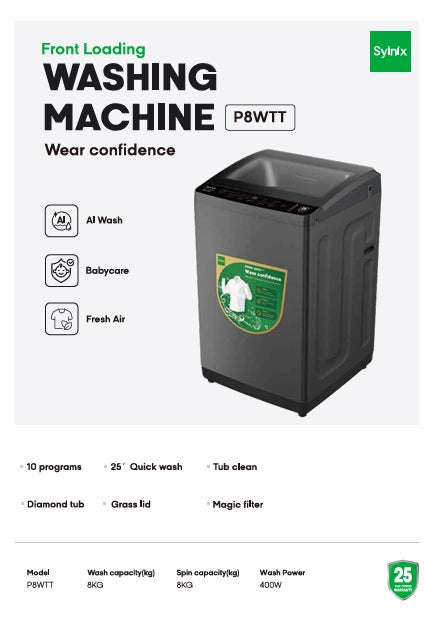 Syinix Washing Machine Front Loading AI Wash Babycare Grey 8KG P8WTT