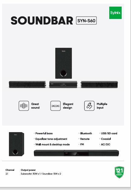 Syinix Soundbar Subwoofer Bluetooth Black SYN-S60