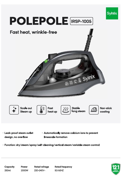 Syinix Steam Iron PolePole Leak-Proof Non-Stick Coating 250ml IRSP-1005