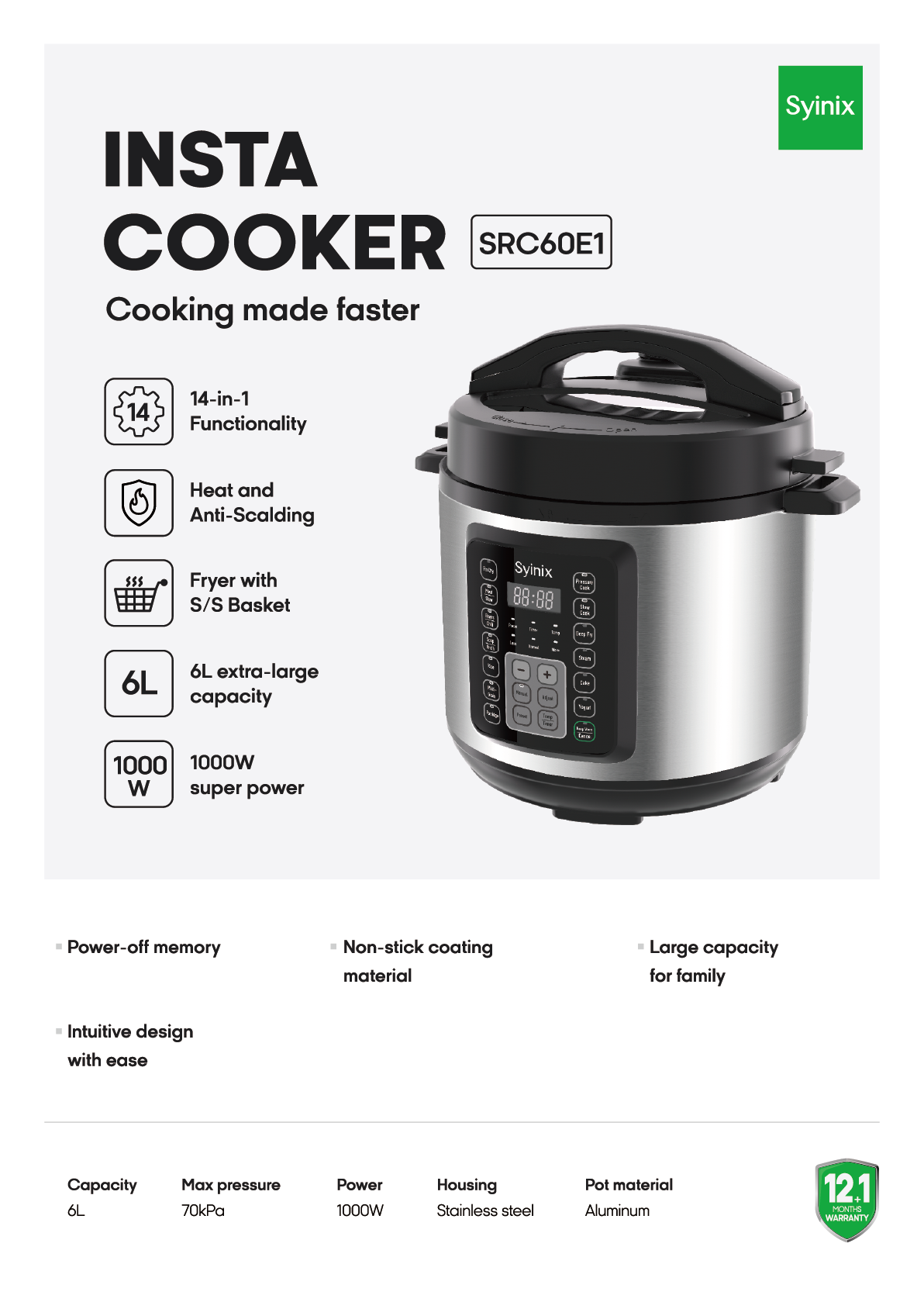 Syinix Pressure Cooker Insta Cooker 14-in-1 Stainless Steel 6L SRC60E1