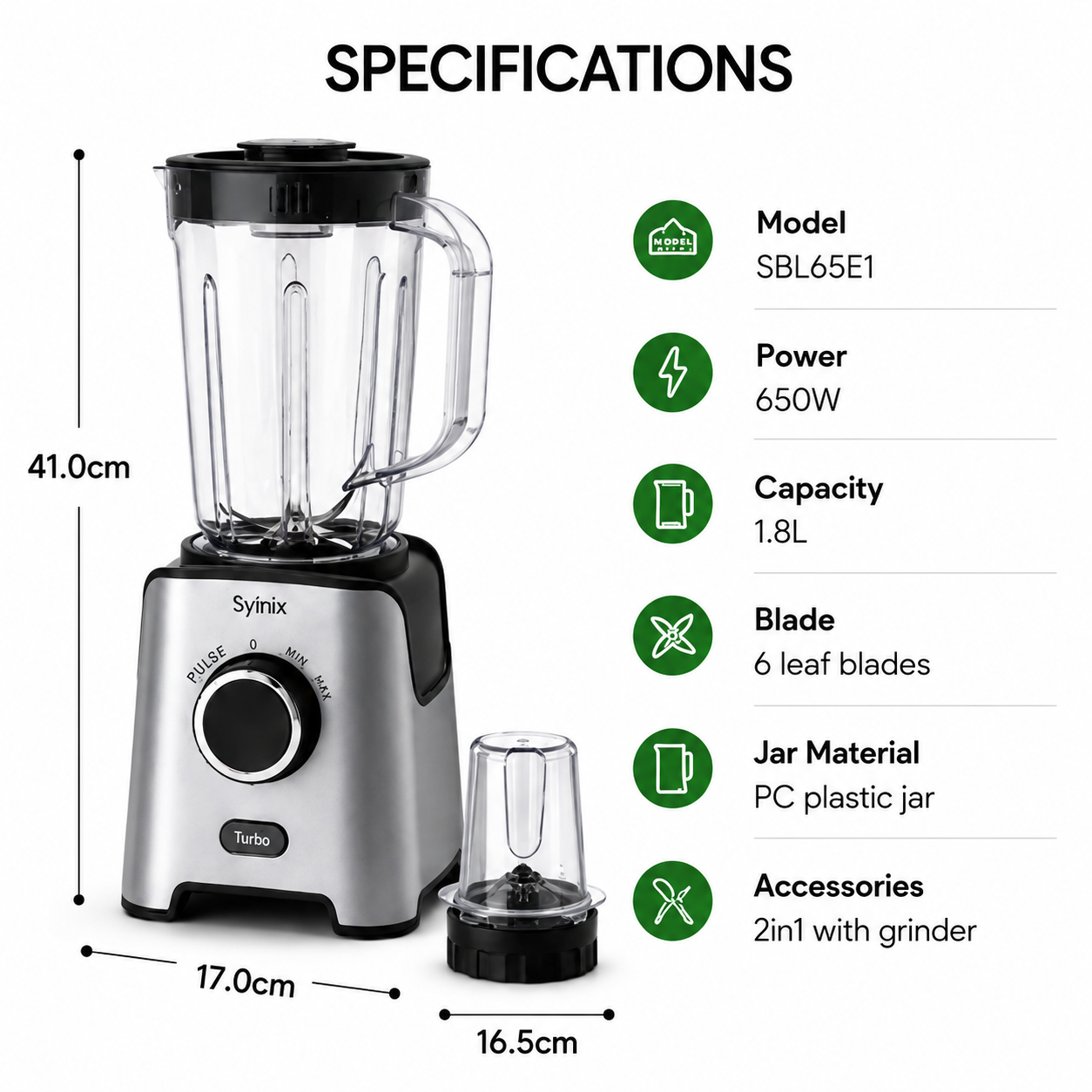Syinix PowerMix 2-in-1 Blender 650W Turbo Blend Power Grind, 1.8L Jug SBL65E1