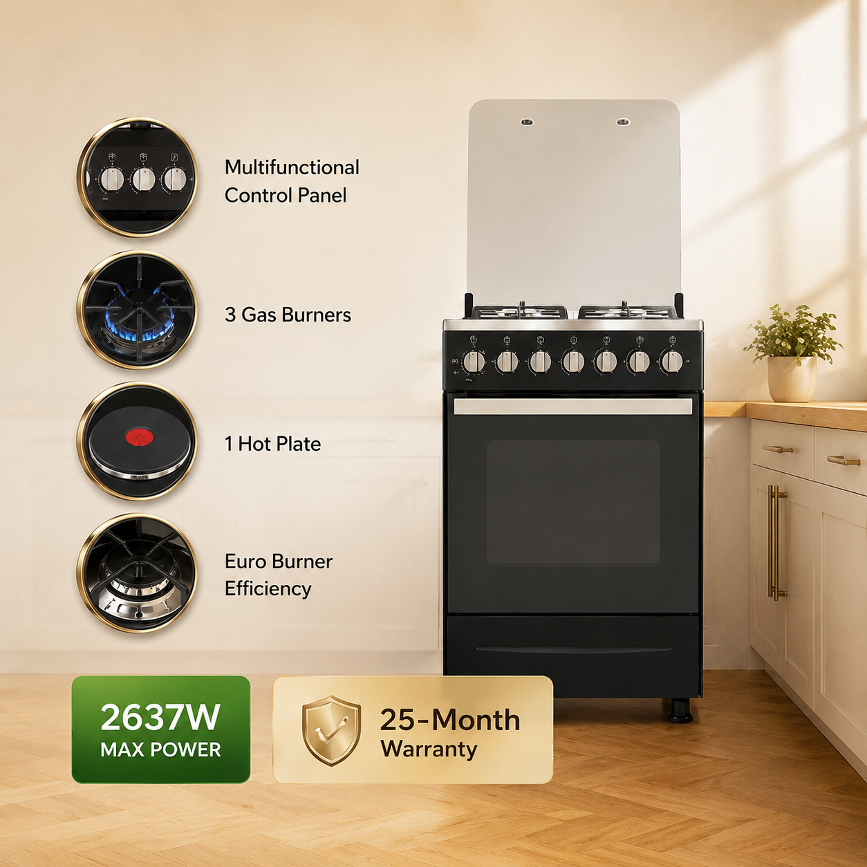 Syinix Standing Cooker Gas Cooker with Electric Oven 3 Gas Burners 1 Hot Plate 60 cm*60 cm Q60GC3