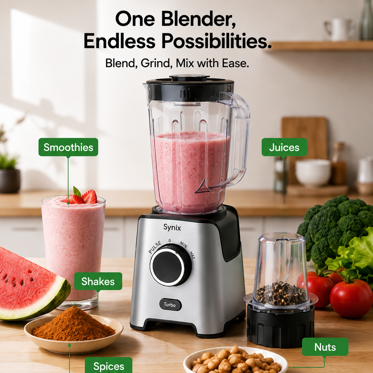 Syinix PowerMix 2-in-1 Blender 650W Turbo Blend Power Grind, 1.8L Jug SBL65E1