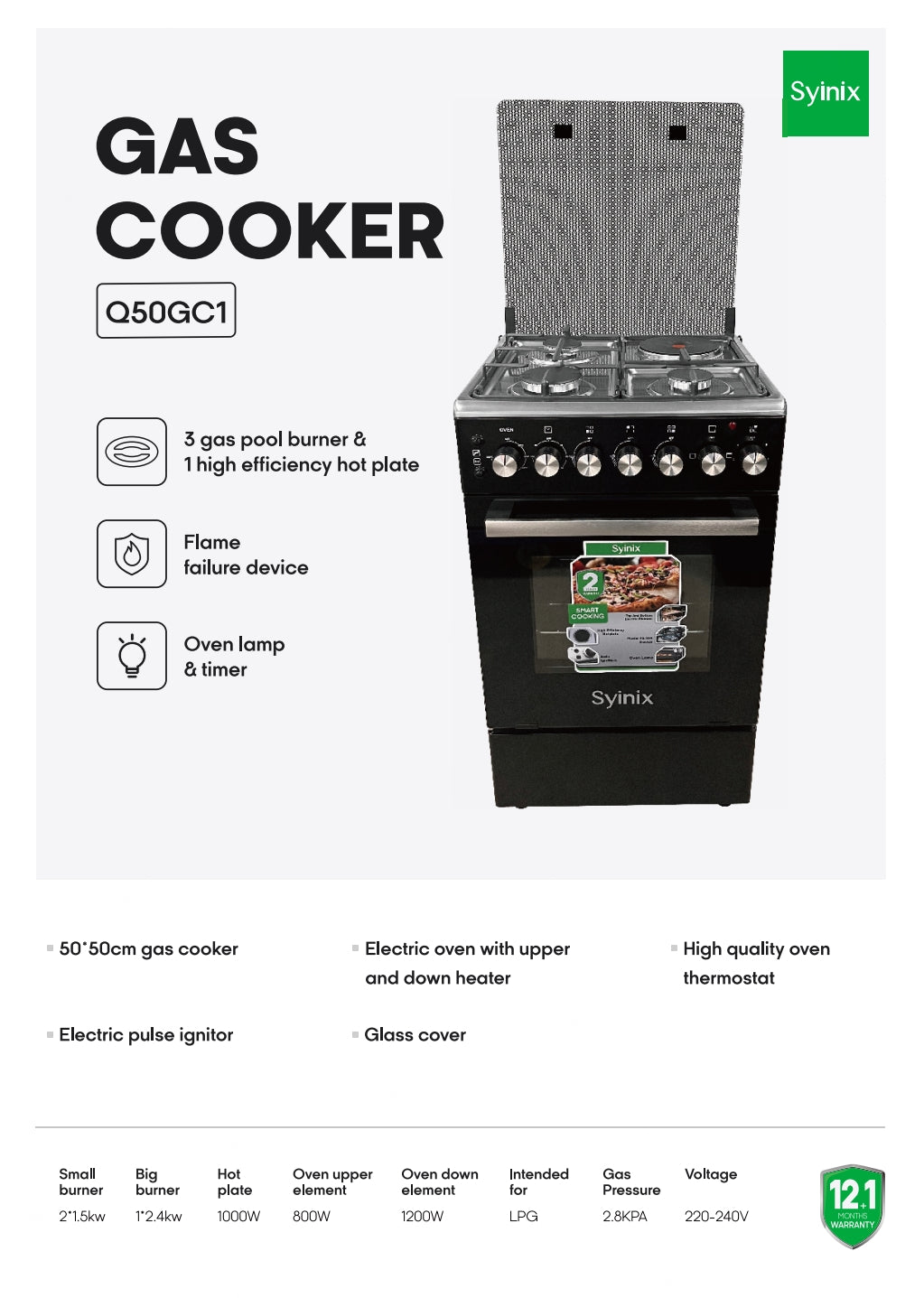 Syinix Gas Cooker 3 Gas Burners 1 Hot Plate Flame Failure Device Black 50x50cm Q50GC1