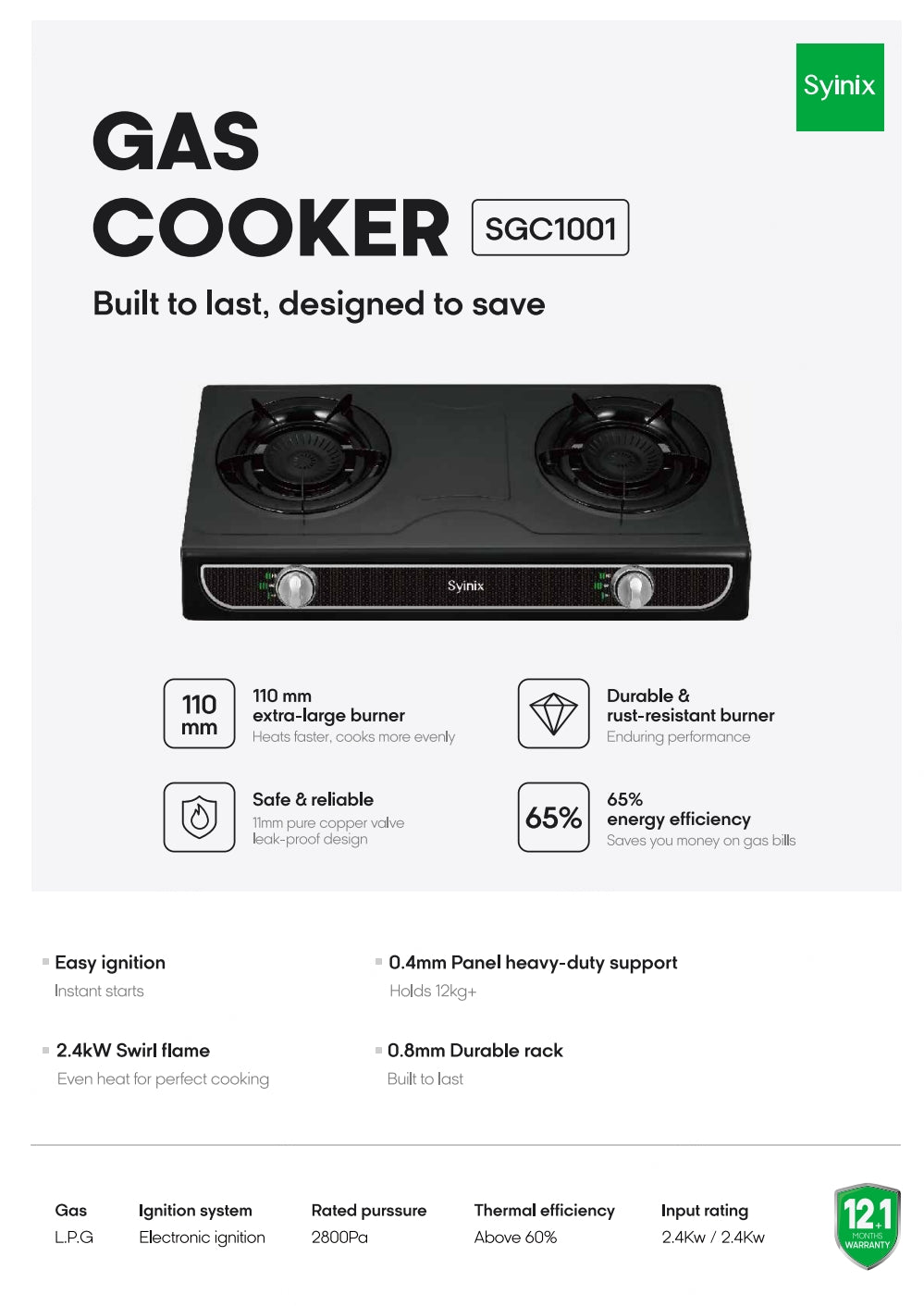 Syinix Gas Cooker Table Top Burner Black 110mm SGC1001