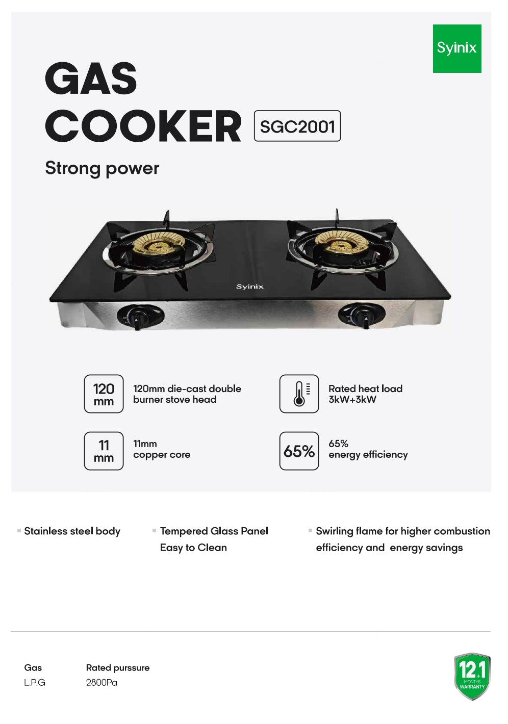 Syinix Gas Cooker Double Burner Stainless Steel Black 120mm SGC2001