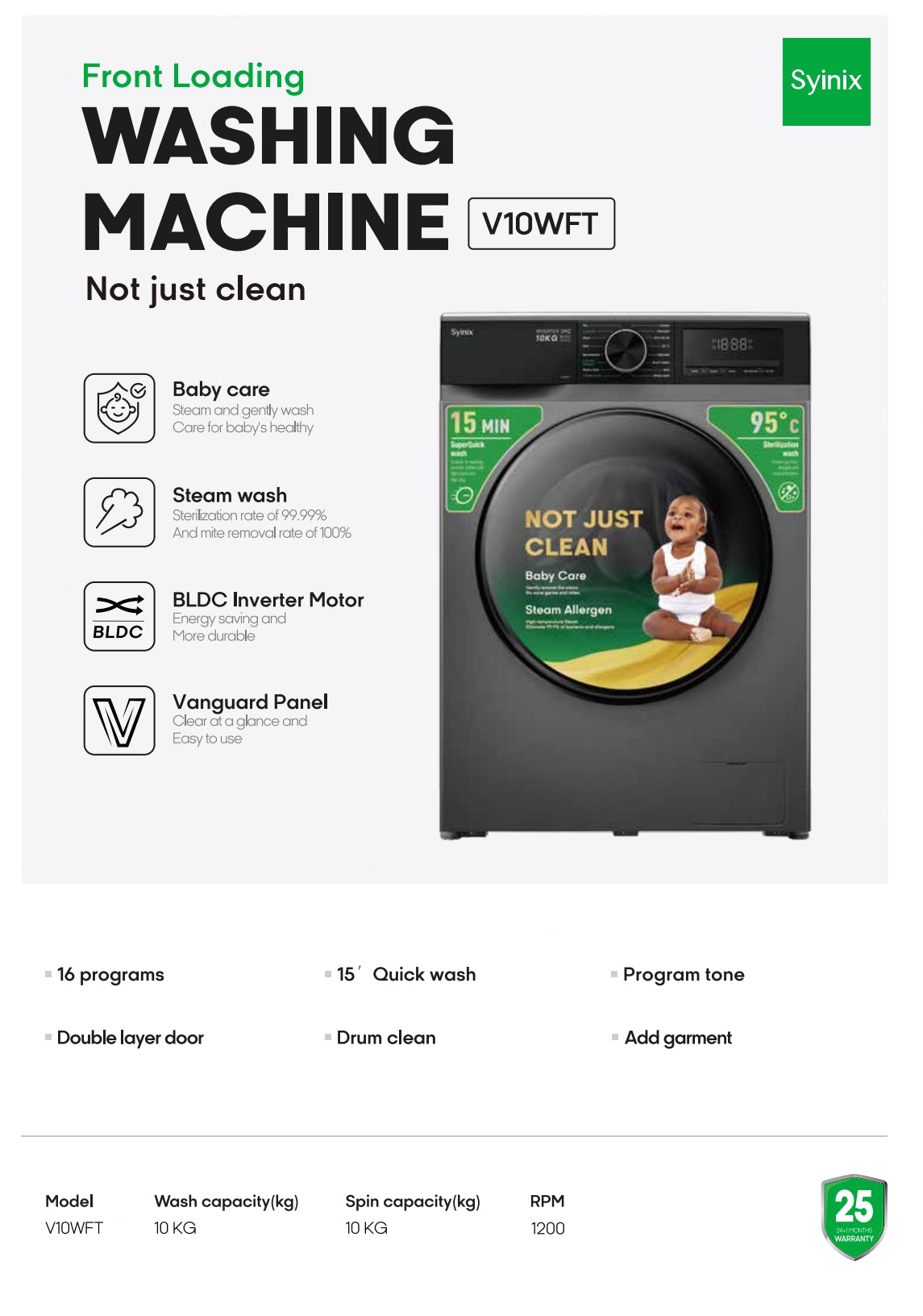 Syinix Washing Machine Front Loading Baby Care Steam Wash Grey 10KG V10WFT