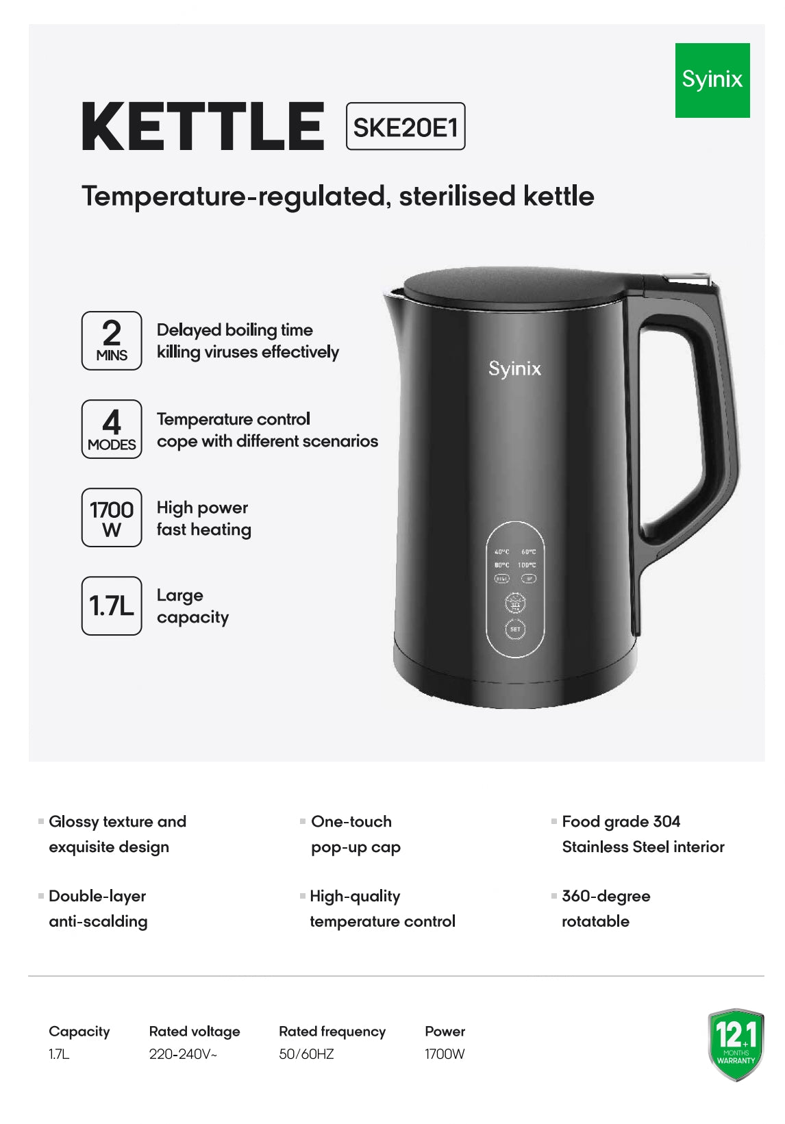 Syinix Digital Kettle Sterilised Food-Grade Stainless Steel Black 1.7L SKE20E1