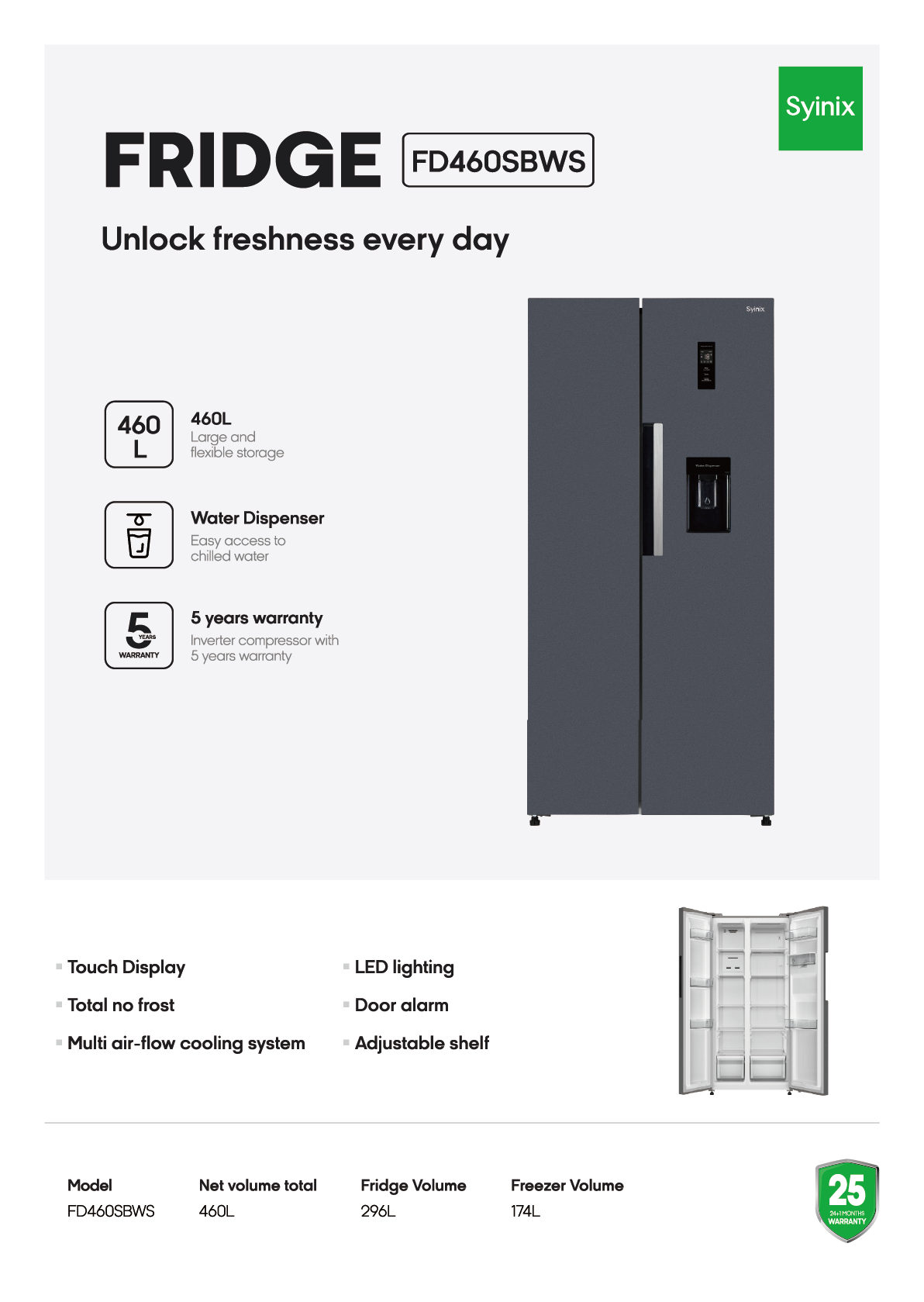 Syinix Fridge Side by Side Water Dispenser No Frost Grey 460L FD460SBWS
