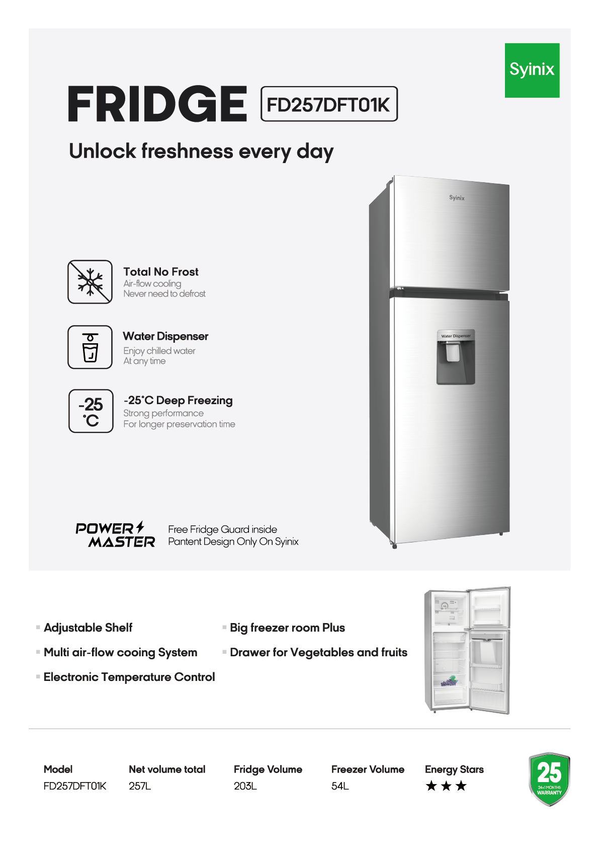 Syinix No Frost Fridge with Water Dispenser Inverter Compressor Silver 257L  FD257DFT01K