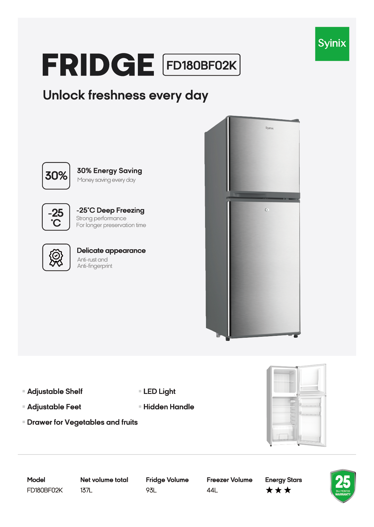 Syinix Fridge Energy Star 137L Silver FD180BF02K