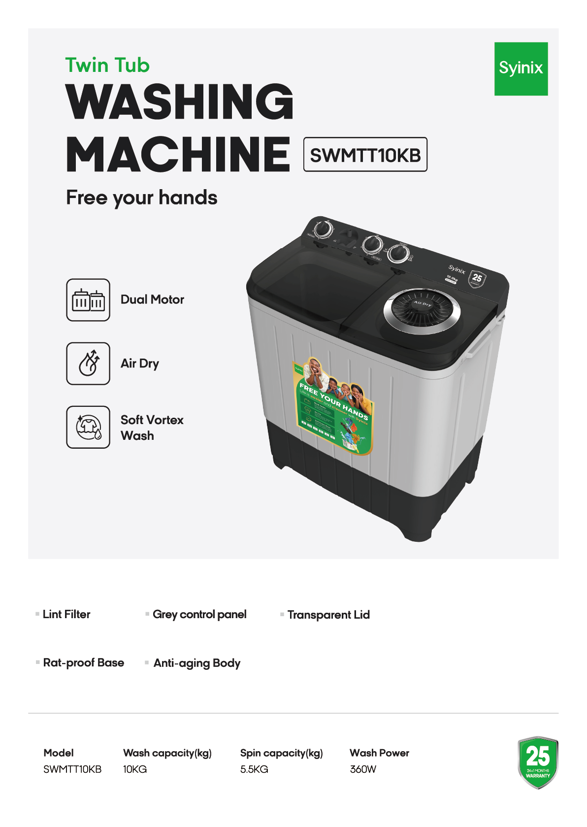 Syinix Twin Tub Washing Machine-SWMTT10KB