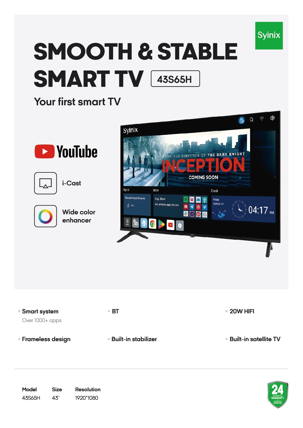 Syinix 43 inch smart tv-43 S65 H