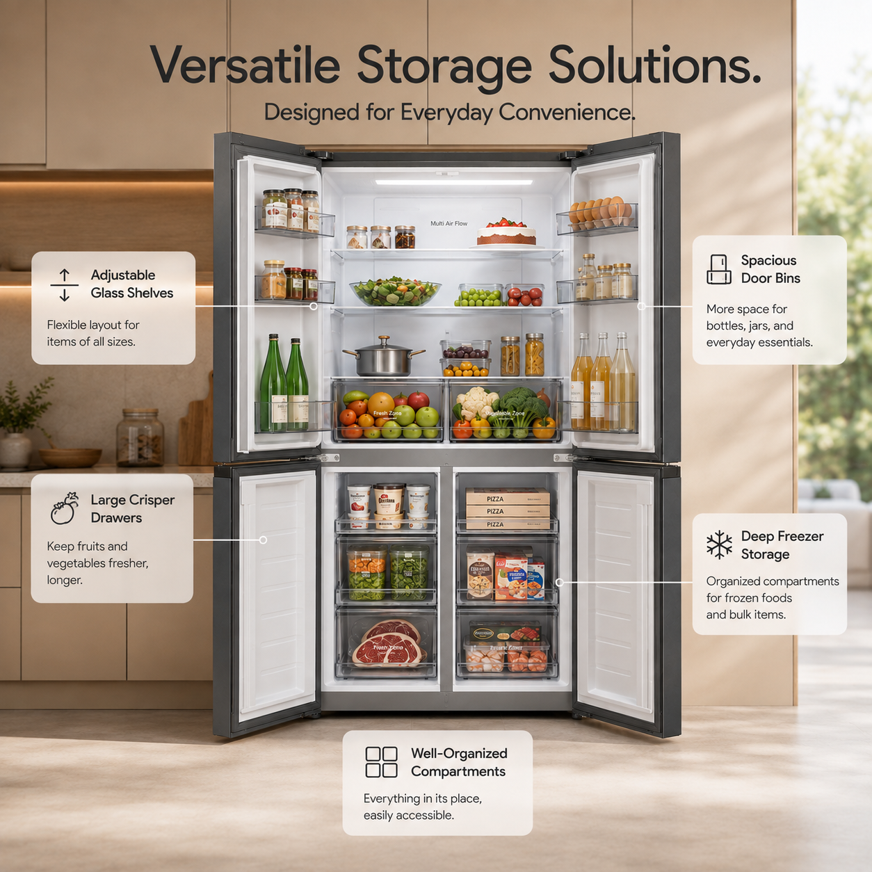 Syinix Cross Door Refrigerator 418L with Total No Frost & Inverter Technology FD485MDBS