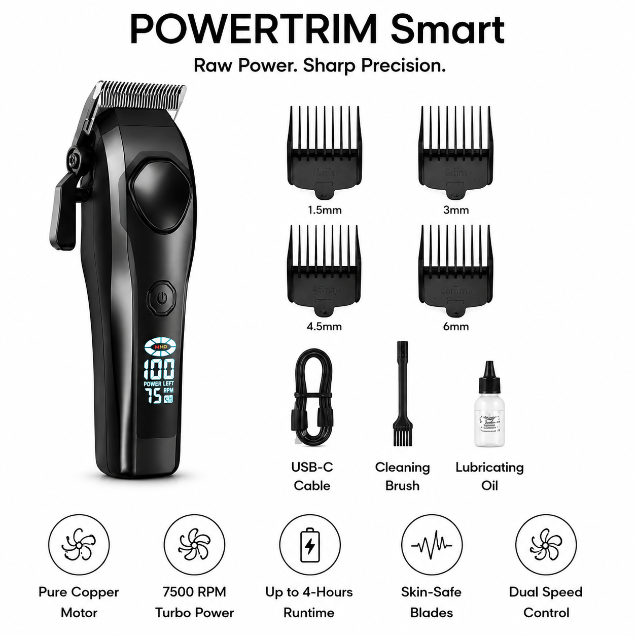 Syinix POWERTRIM Smart Hair Clipper 7500 RPM 4H Runtime Type-C SHC-480