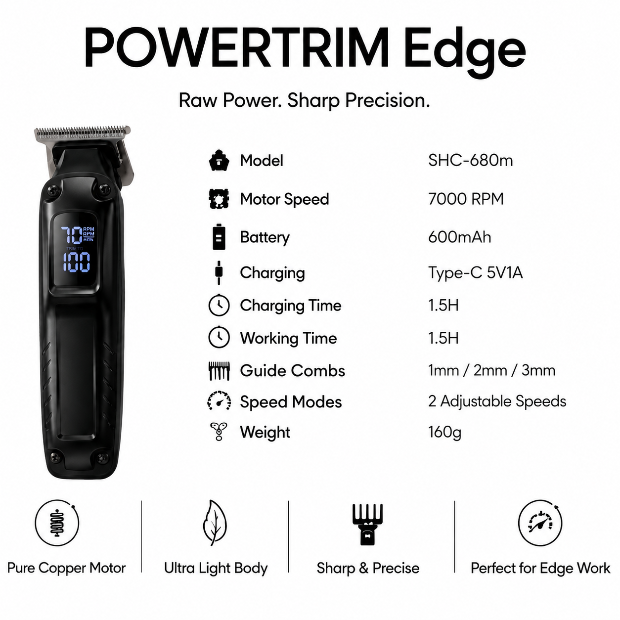 Syinix POWERTRIM Edge Detail Trimmer — Zero-Gap 7000 RPM Precision Line-Up SHC-680m