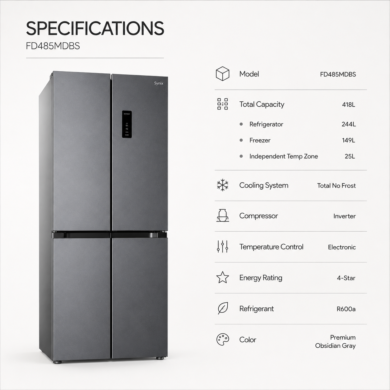 Syinix Cross Door Refrigerator 418L with Total No Frost & Inverter Technology FD485MDBS