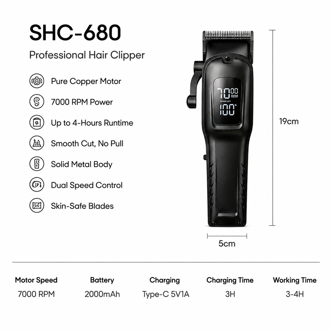 Syinix POWERTRIM Ultra Professional Hair Clipper — 7000 RPM 4H Runtime All Hair Types SHC-680