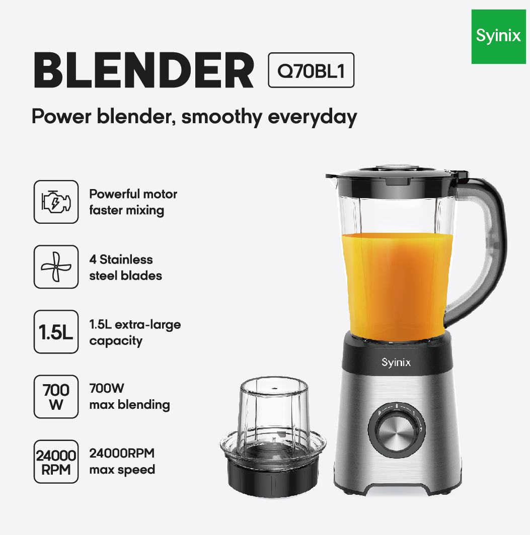 Syinix Power Blender Smoothie Maker 2-In-1 With 1.5L  Silver Q70BL1