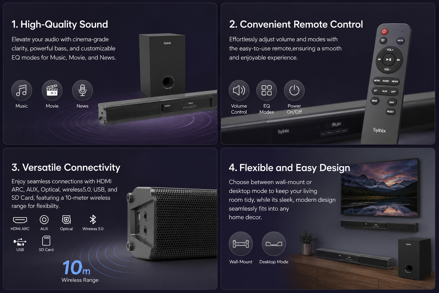 Syinix Soundbar Subwoofer Bluetooth Black SYN-S60