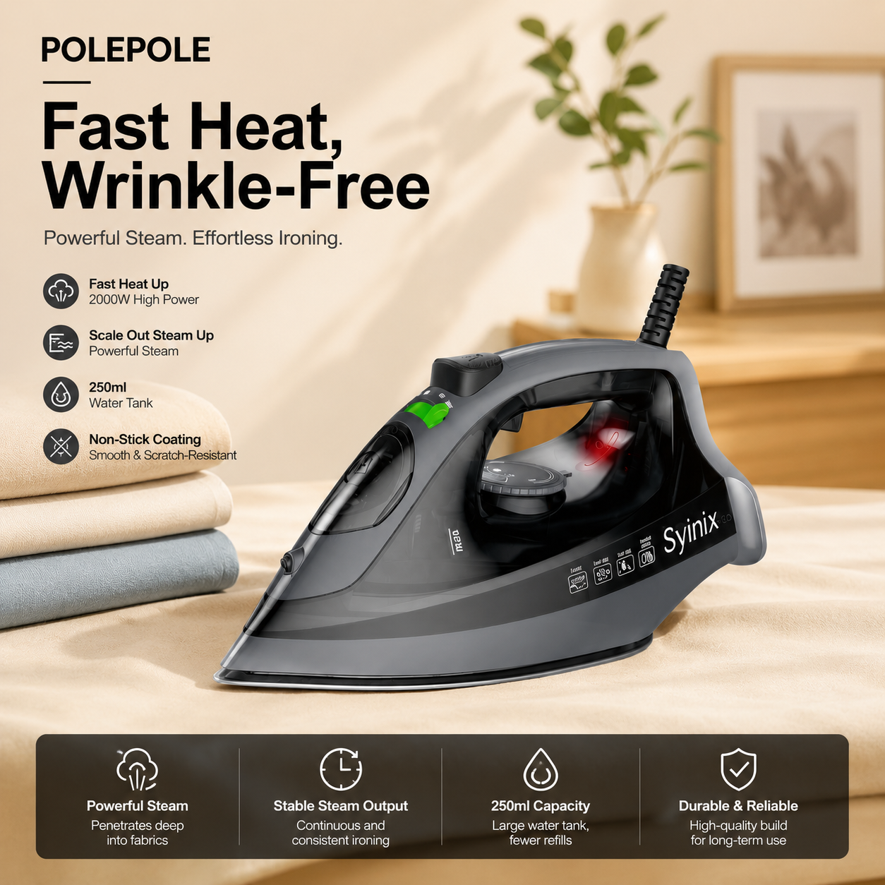 Syinix Steam Iron PolePole Leak-Proof Non-Stick Coating 250ml IRSP-1005