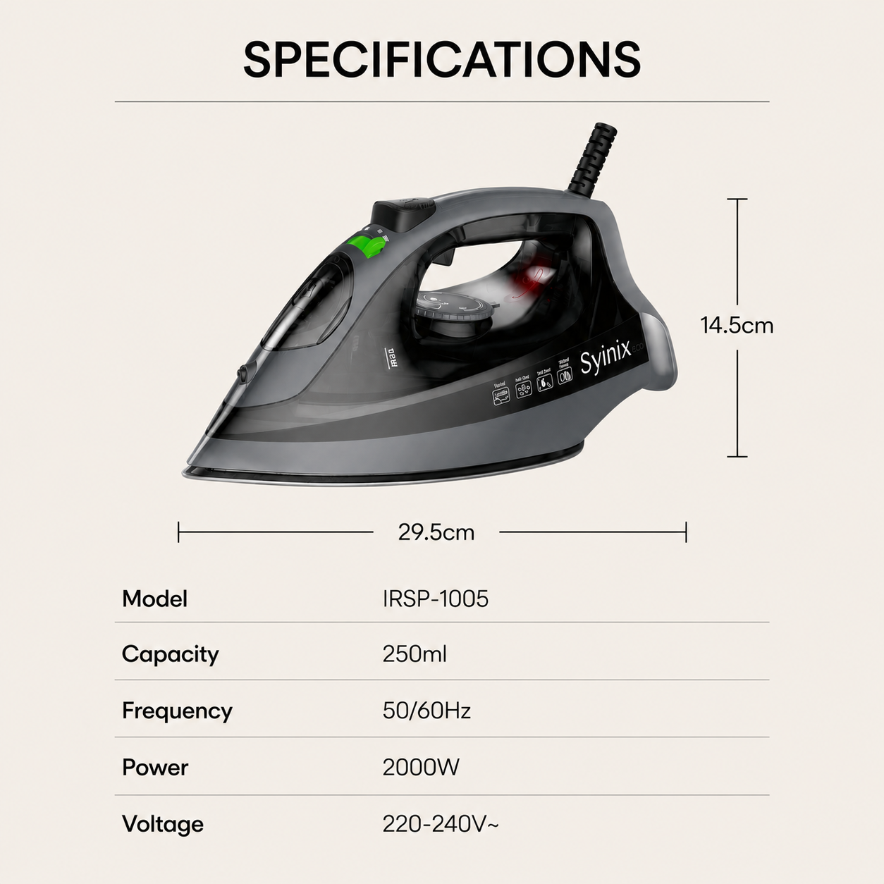 Syinix Steam Iron PolePole Leak-Proof Non-Stick Coating 250ml IRSP-1005