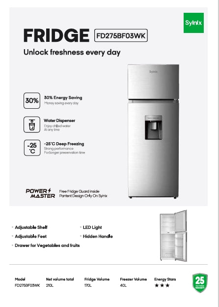 Syinix Fridge Energy Saving Silver 210L FD275BF03WK