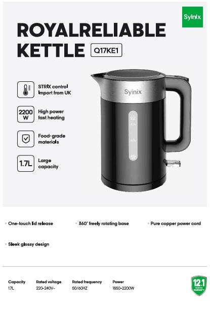Syinix Electric Kettle Food-Grade Black 1.7L Q17KE1