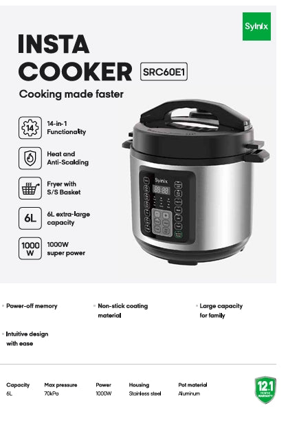 Syinix Pressure Cooker Insta Cooker 14-in-1 Stainless Steel 6L SRC60E1