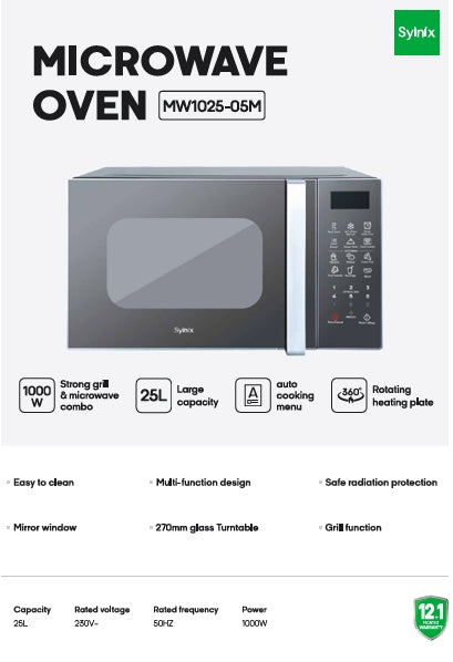 Syinix Microwave and Grill  Microwave Oven Black 25L MW1025-05M