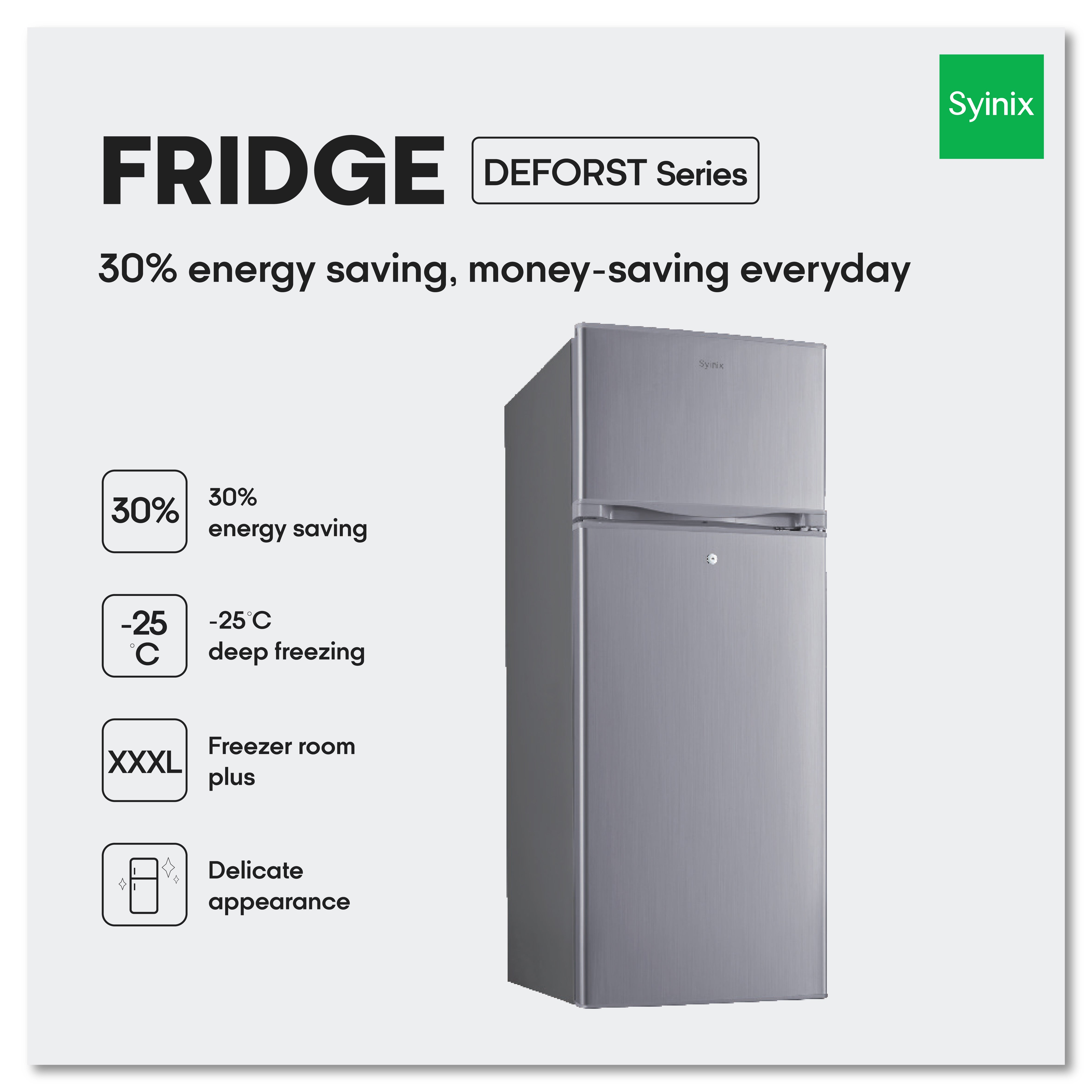 Syinix Fridge Deforest Series Energy Saving 137L Silver