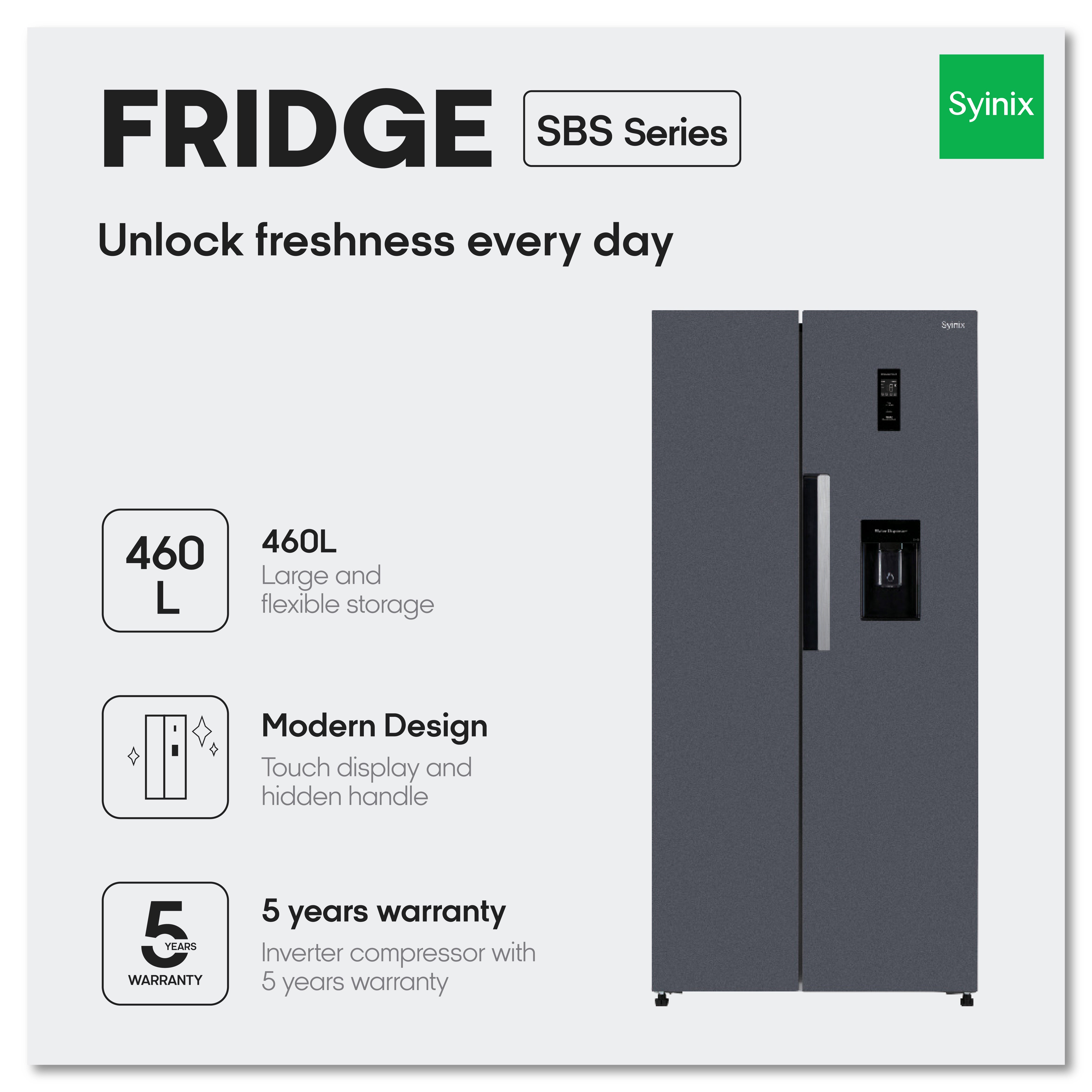 Syinix Fridge Side by Side Water Dispenser No Frost Grey 460L FD460SBWS
