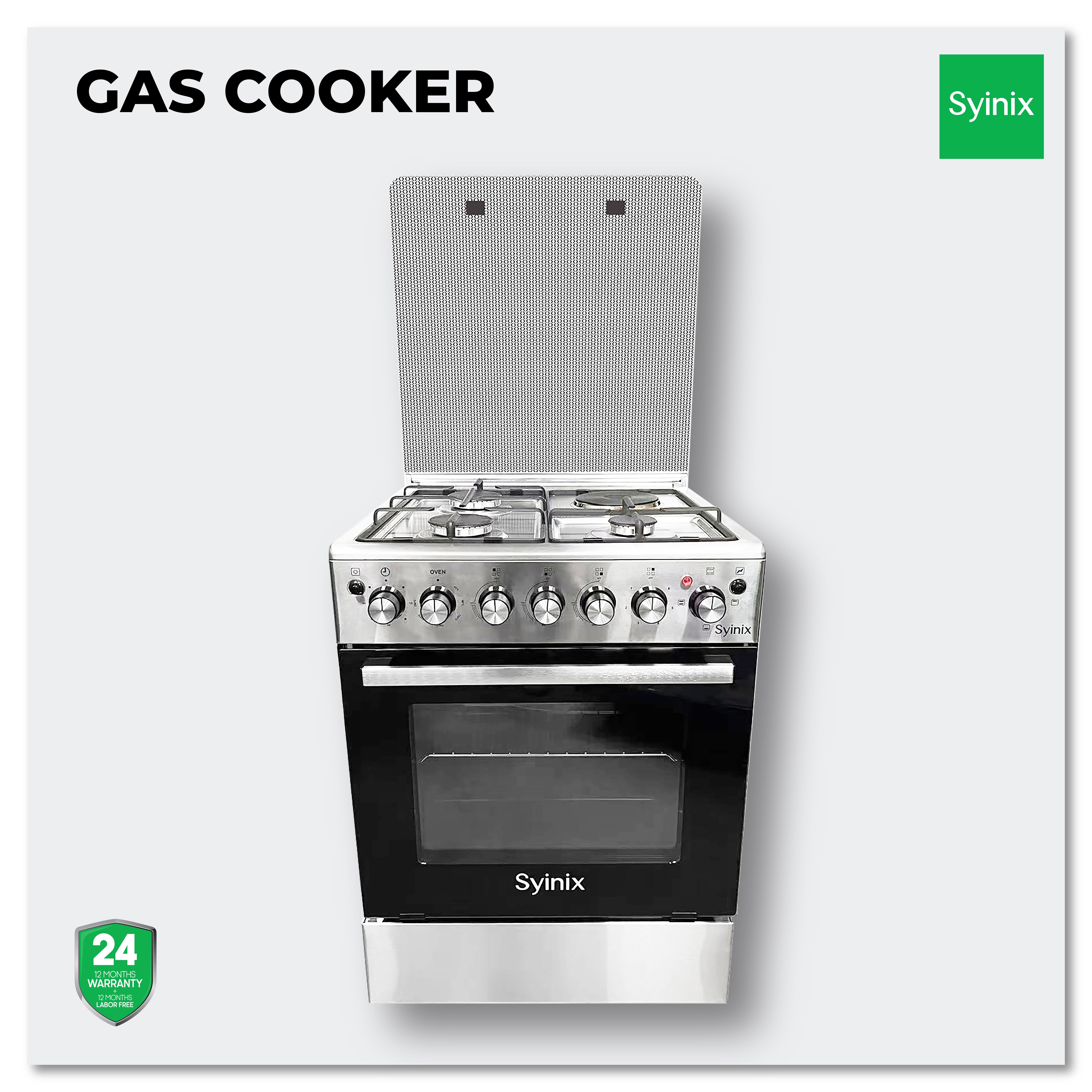 Syinix Standing Cooker Gas Cooker With 3 Gas Burner and 1 Hot Plate Silver 60 cm*60 cm Q60GC1
