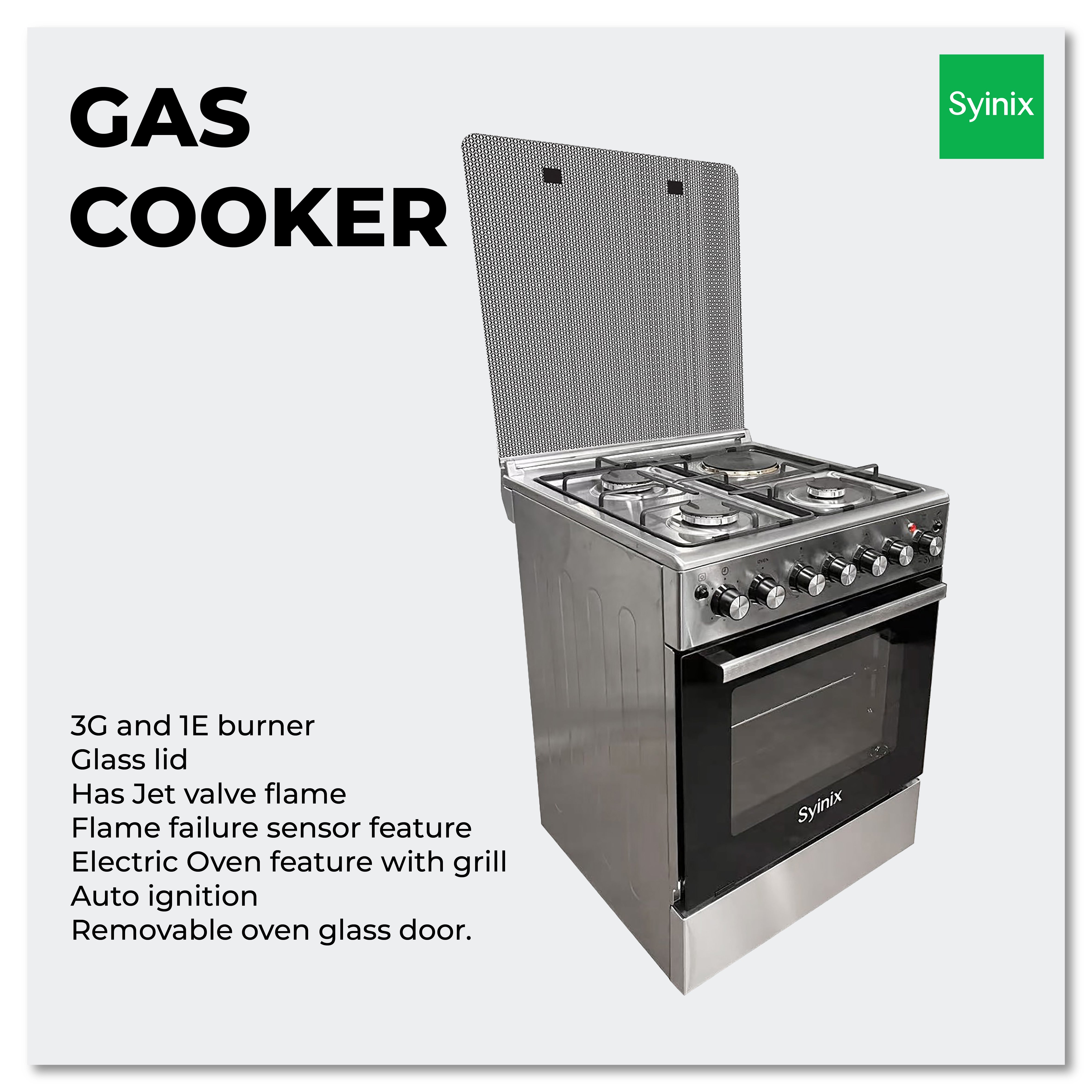 Syinix Standing Cooker Gas Cooker With 3 Gas Burner and 1 Hot Plate Silver 60 cm*60 cm Q60GC1