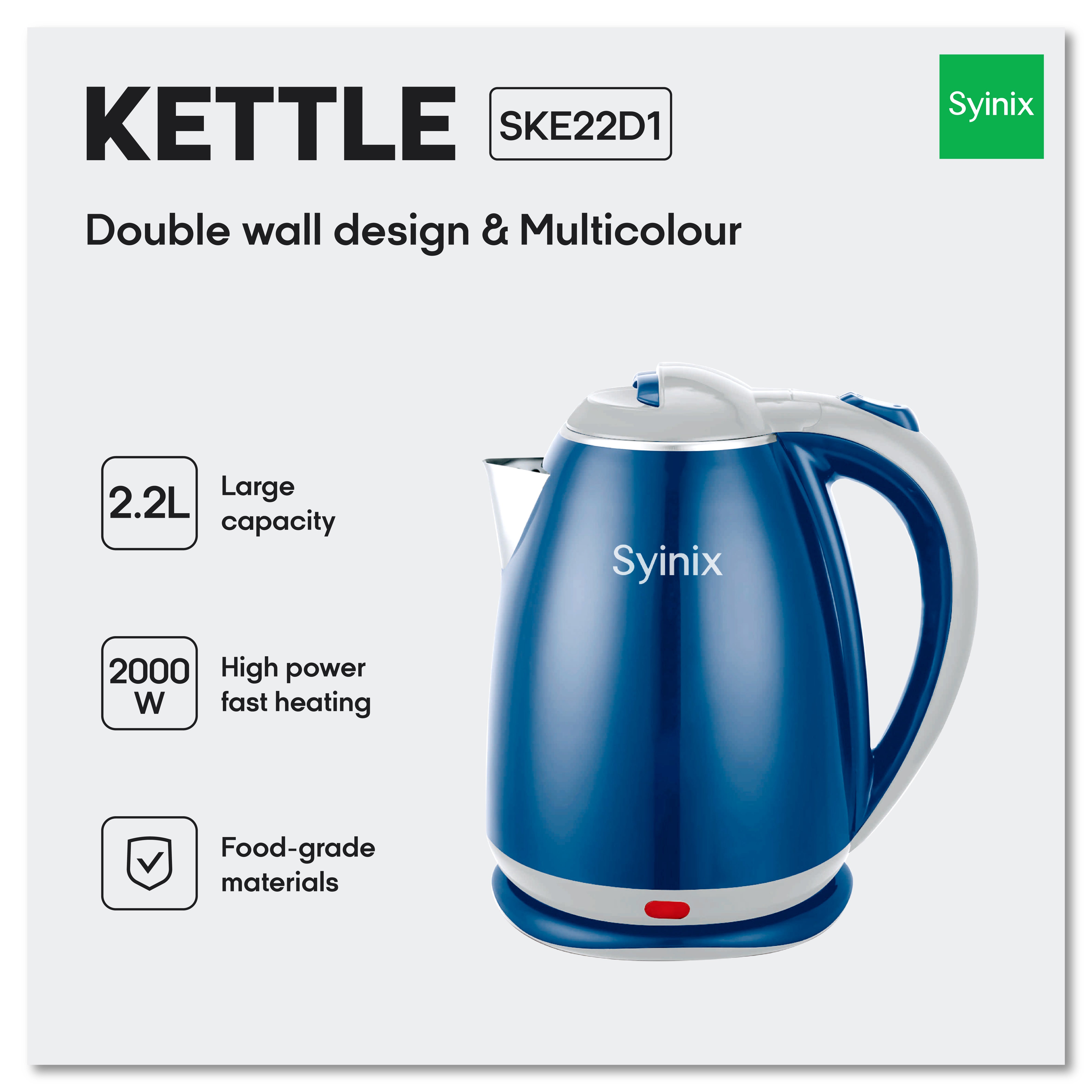 Syinix Kettle Food-Grade Materials Multicolour 2.2L SKE22D1