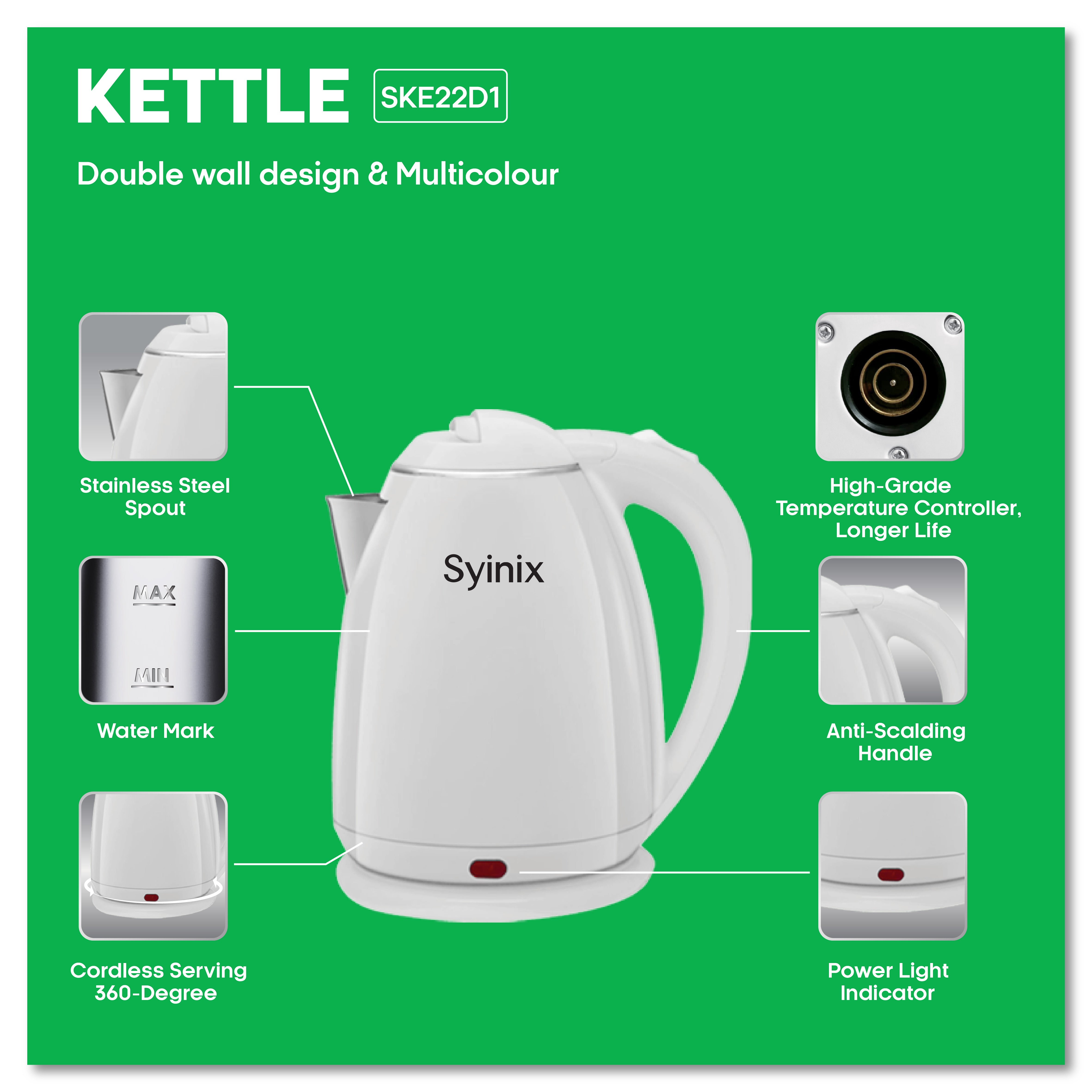 Syinix Kettle Food-Grade Materials Multicolour 2.2L SKE22D1